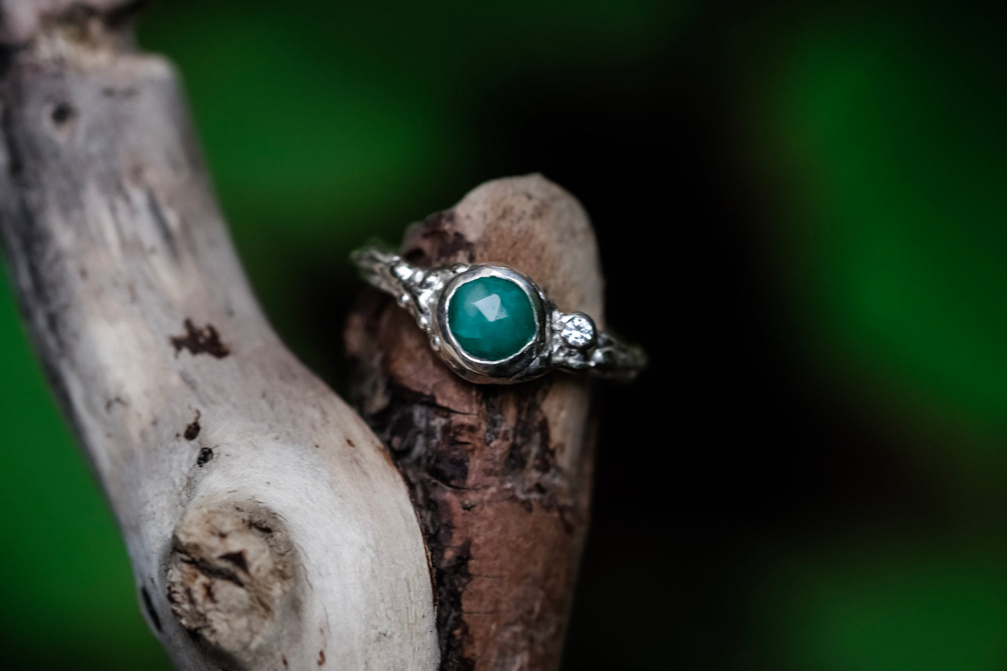 Treasure Ring - 6mm Emerald w Lab Sapphire Orbit