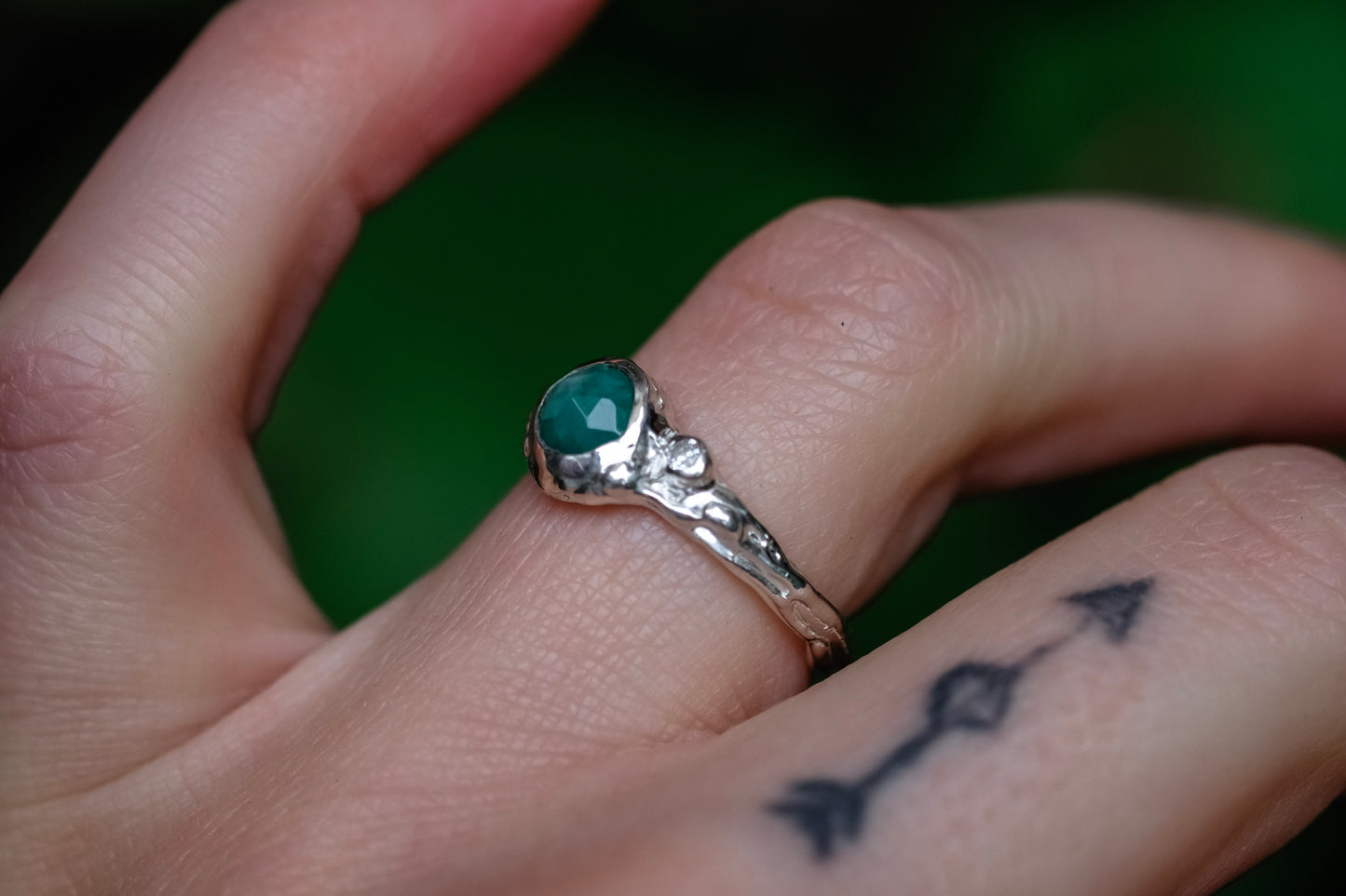 Treasure Ring - 6mm Emerald w Lab Sapphire Orbit